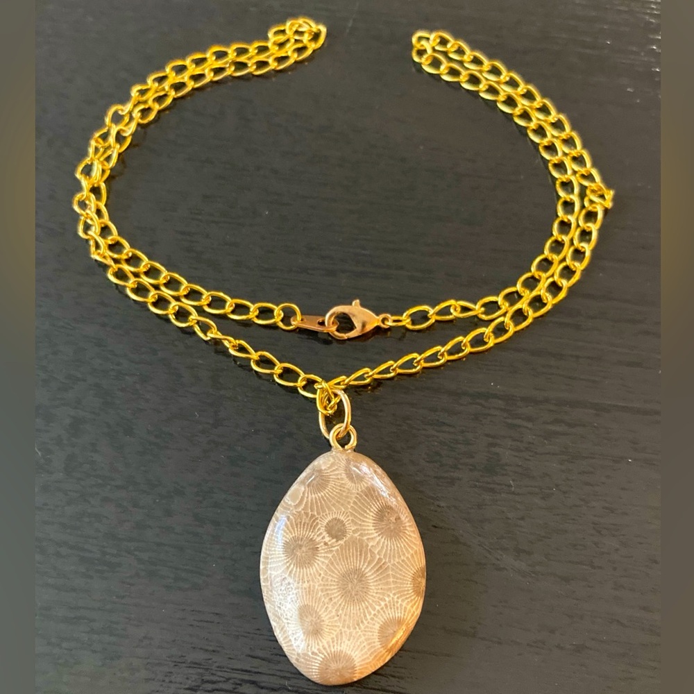 Beautiful handmade Petoskey Stone pendant with Gold tone 20" Chain Necklace. - Picture 4 of 9